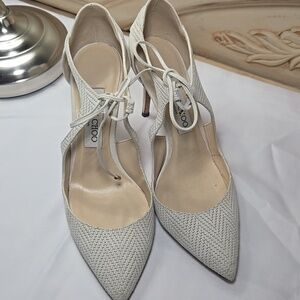 Jimmy Choo Tie up Pumps Eggshell Off white Weave Texture 37.5